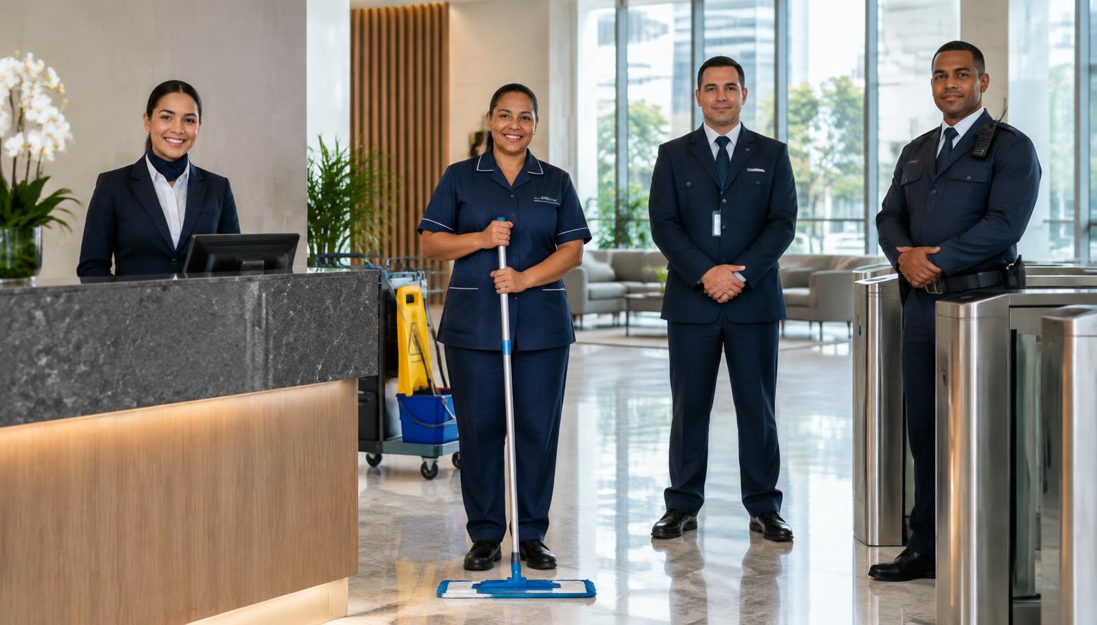 Equipe de recepção, limpeza e controle de acesso em lobby corporativo